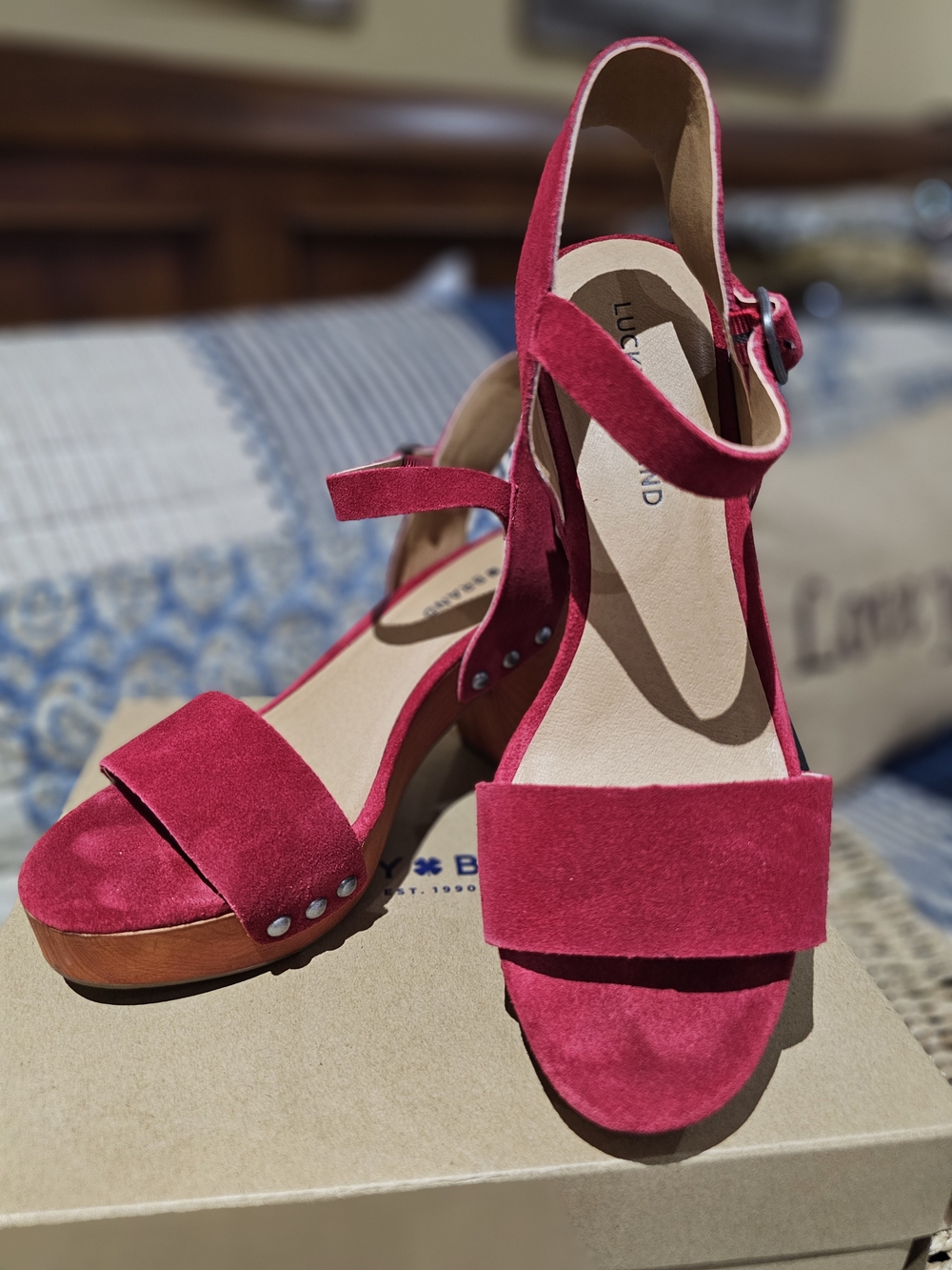 Lucky Brand Red Suede Platform Ankle-Strap Sandals
